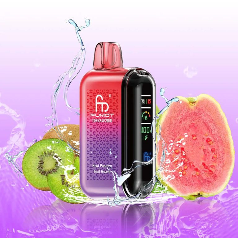 Fumot Tornado 20000 vape in red-purple gradient with kiwi, passion fruit, and guava fruit elements splashing in water