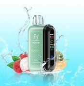 Fumot Tornado 20000 disposable vape in a mint green color with lychee and Hami melon splashes and water elements