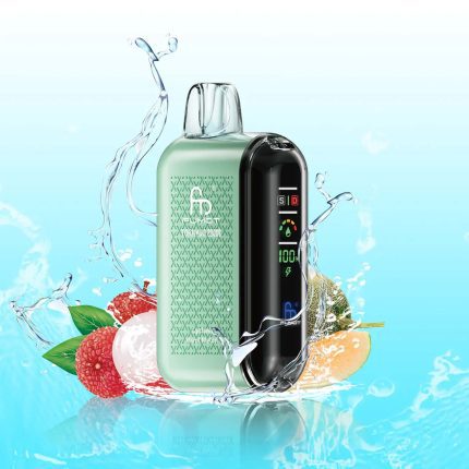 Fumot Tornado 20000 disposable vape in a mint green color with lychee and Hami melon splashes and water elements