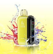 Fumot Tornado 20000 Mixed Berry vape in a bright yellow design with splashes of red and blue berries in the background