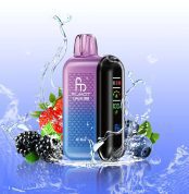 Fumot Tornado 20000 Mr. Blue vape with a purple-blue gradient design, surrounded by strawberries, blackberries, and blueberries on a splashy blue background