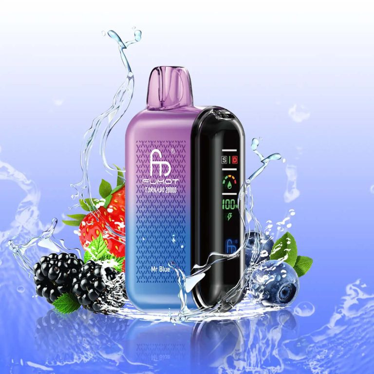 Fumot Tornado 20000 Mr. Blue vape with a purple-blue gradient design, surrounded by strawberries, blackberries, and blueberries on a splashy blue background