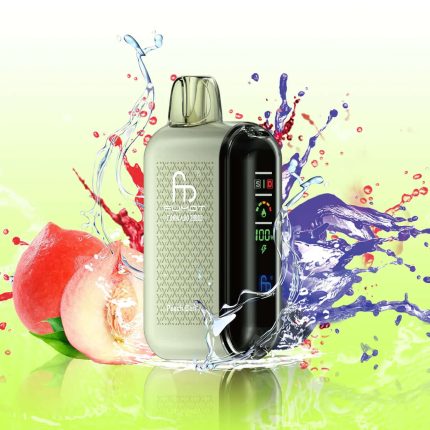 Fumot Tornado 20000 vape with a silver and black design, surrounded by juicy peach and berry splash elements on a green background