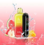 Fumot Tornado 20000 vape in a gradient yellow-to-red finish, surrounded by splashing water, peach, mango, and watermelon slices