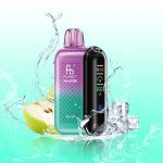 Fumot Tornado 20000 vape in purple and teal gradient with Pear Ice flavor label, fresh pear slices and ice cubes in a water splash