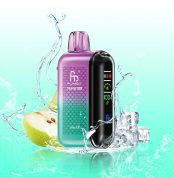 Fumot Tornado 20000 vape in purple and teal gradient with Pear Ice flavor label, fresh pear slices and ice cubes in a water splash