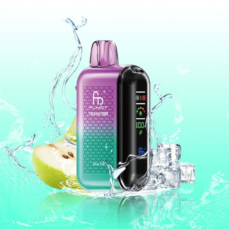 Fumot Tornado 20000 vape in purple and teal gradient with Pear Ice flavor label, fresh pear slices and ice cubes in a water splash