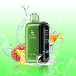 Green Fumot Tornado 20000 vape with Pina Colada label, surrounded by lychee, orange, and cocktail glass with splash effects