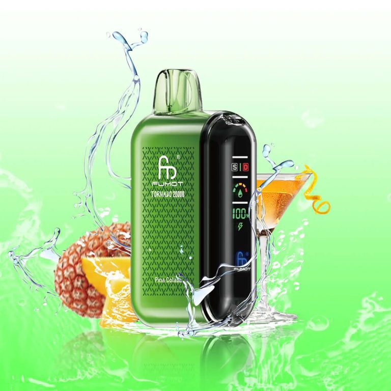 Green Fumot Tornado 20000 vape with Pina Colada label, surrounded by lychee, orange, and cocktail glass with splash effects