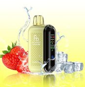 Strawberry-flavored Fumot Tornado 10000 vape in yellow and black with digital display, surrounded by strawberries and ice cubes