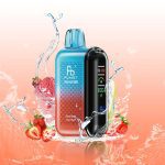 Strawberry Ice Cream Fumot Tornado 10000 vape with blue-to-orange gradient and digital display, surrounded by strawberries and ice cream scoops