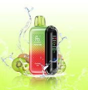 Fumot Tornado 10000 puff vape in Strawberry Kiwi flavor with vibrant red-green gradient design and digital screen surrounded by kiwi fruit and water splash