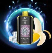 Fumot Tornado 25000 puffs disposable vape with banana ice flavor, digital wattage display, ice cubes, and banana slices on a glowing background.
