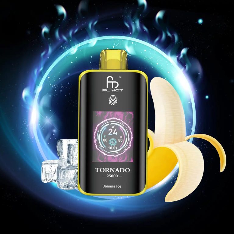 Fumot Tornado 25000 puffs disposable vape with banana ice flavor, digital wattage display, ice cubes, and banana slices on a glowing background.