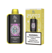 Fumot Tornado 25000 puffs disposable vape with banana ice flavor, digital display screen, and product packaging.