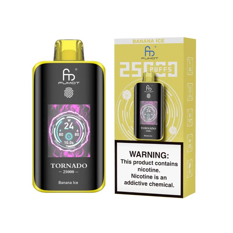 Fumot Tornado 25000 puffs disposable vape with banana ice flavor, digital display screen, and product packaging.