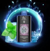 Fumot Tornado 25000 disposable vape in Black Ice flavor with mint leaves, ice cubes, and glowing blue energy background.