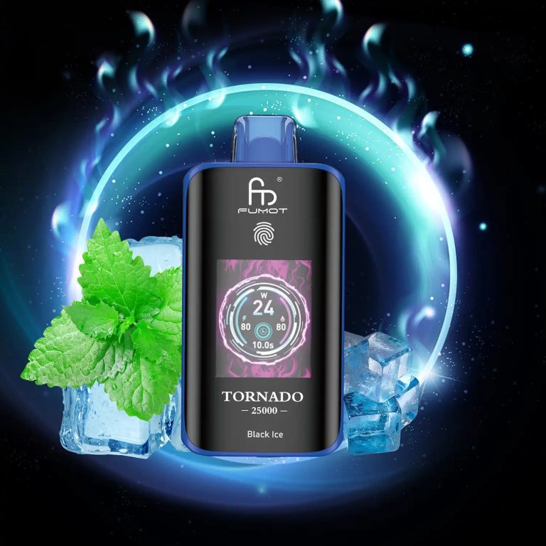 Fumot Tornado 25000 disposable vape in Black Ice flavor with mint leaves, ice cubes, and glowing blue energy background.