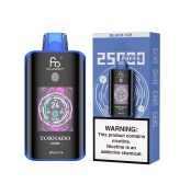 Fumot Tornado 25000 disposable vape in Black Ice flavor with smart display screen and product box featuring nicotine warning.