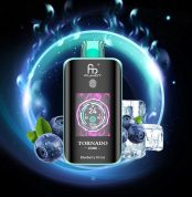 Fumot Tornado 25000 puff disposable vape in Blueberry On Ice flavor with digital display, surrounded by blueberries and ice cubes