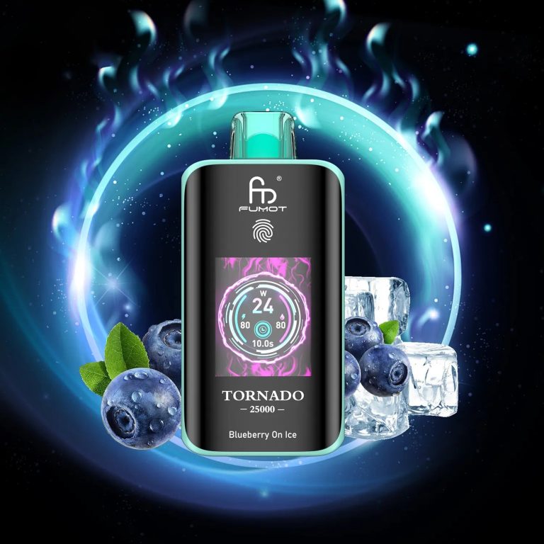 Fumot Tornado 25000 puff disposable vape in Blueberry On Ice flavor with digital display, surrounded by blueberries and ice cubes
