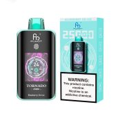 Fumot Tornado 25000 disposable vape in Blueberry on Ice flavor with turquoise accents, digital display, and product packaging.