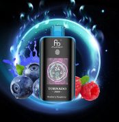 Fumot Tornado 25000 puff vape in Blueberry Raspberry flavor with glowing digital screen, surrounded by blueberries and raspberries