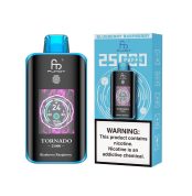 Fumot Tornado 25000 puff disposable vape in Blueberry Raspberry flavor with packaging and nicotine warning label
