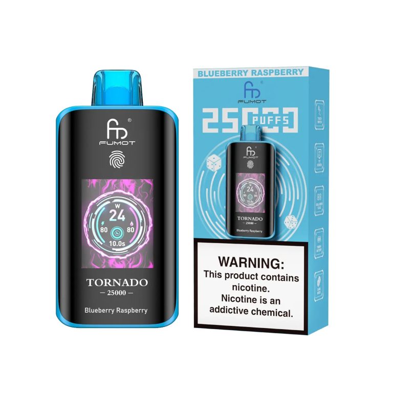 Fumot Tornado 25000 puff disposable vape in Blueberry Raspberry flavor with packaging and nicotine warning label