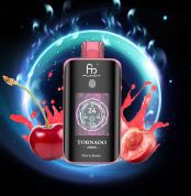 Fumot Tornado 25000 puff vape in Cherry Bomb flavor with digital screen, surrounded by fresh cherries and splash effect