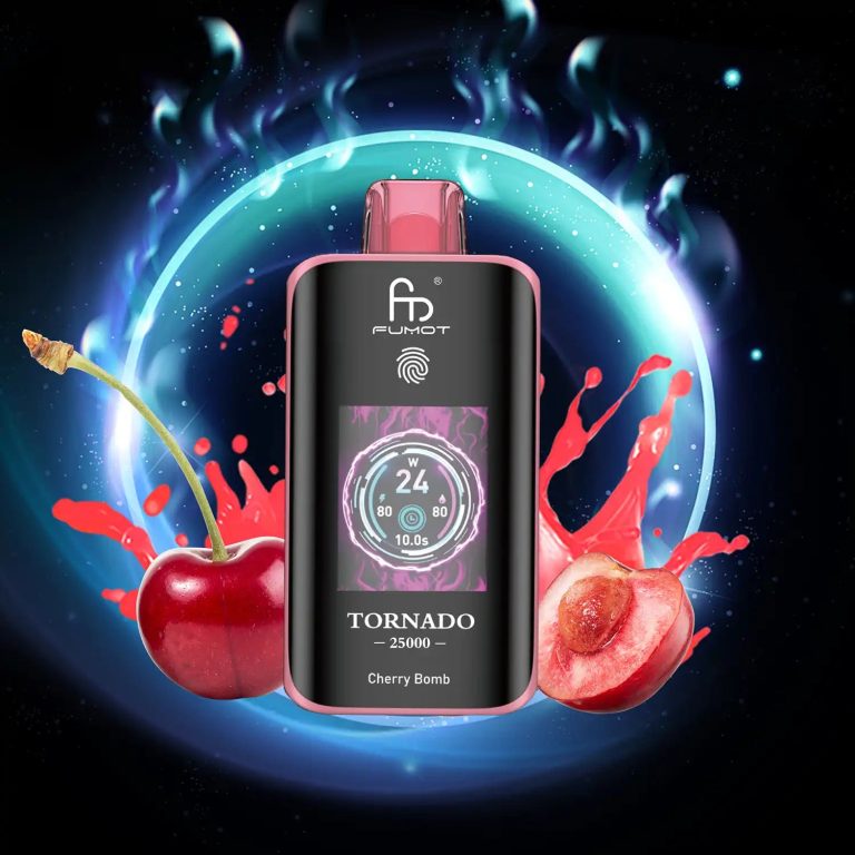 Fumot Tornado 25000 puff vape in Cherry Bomb flavor with digital screen, surrounded by fresh cherries and splash effect