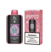Fumot Tornado 25000 puff disposable vape in Cherry Bomb flavor with packaging and nicotine warning label