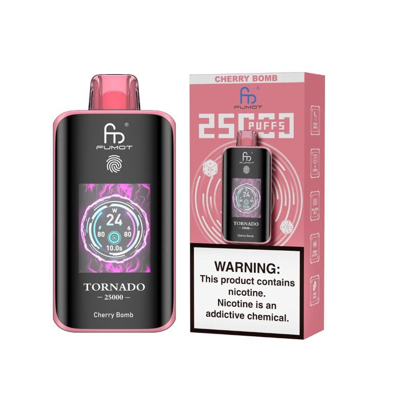 Fumot Tornado 25000 puff disposable vape in Cherry Bomb flavor with packaging and nicotine warning label