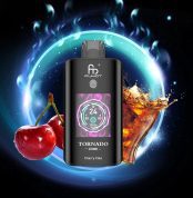 Fumot Tornado 25000 puff vape in Cherry Cola flavor with splashing soda and fresh cherries in a glowing cosmic background