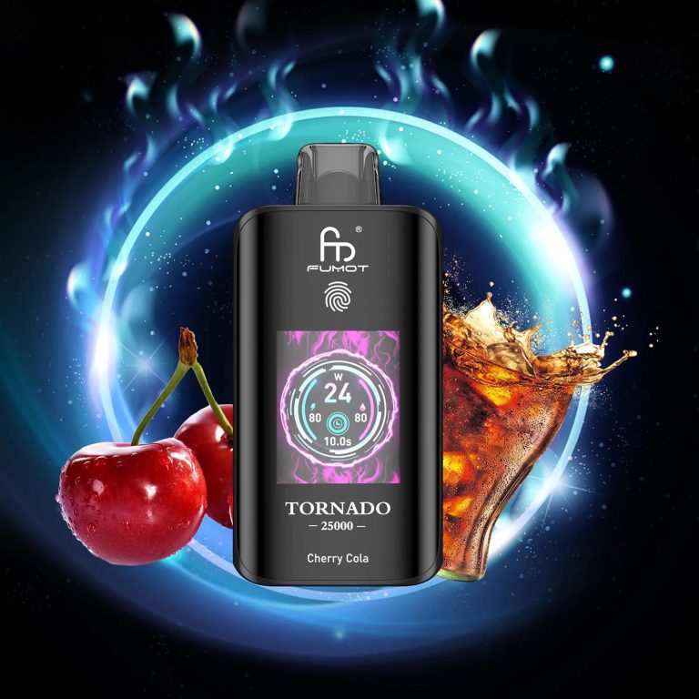 Fumot Tornado 25000 puff vape in Cherry Cola flavor with splashing soda and fresh cherries in a glowing cosmic background