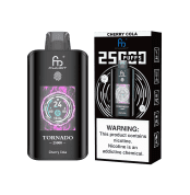 Fumot Tornado 25000 puff disposable vape in Cherry Cola flavor with product packaging and nicotine warning label