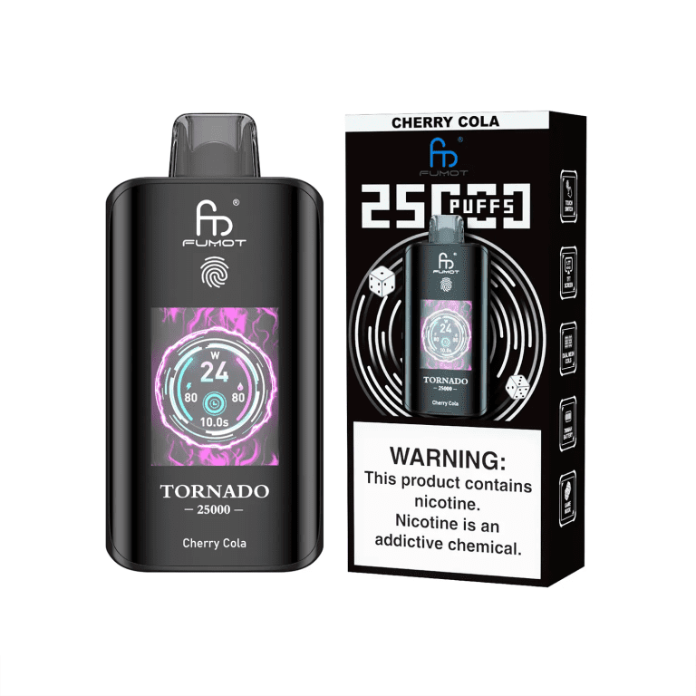 Fumot Tornado 25000 puff disposable vape in Cherry Cola flavor with product packaging and nicotine warning label