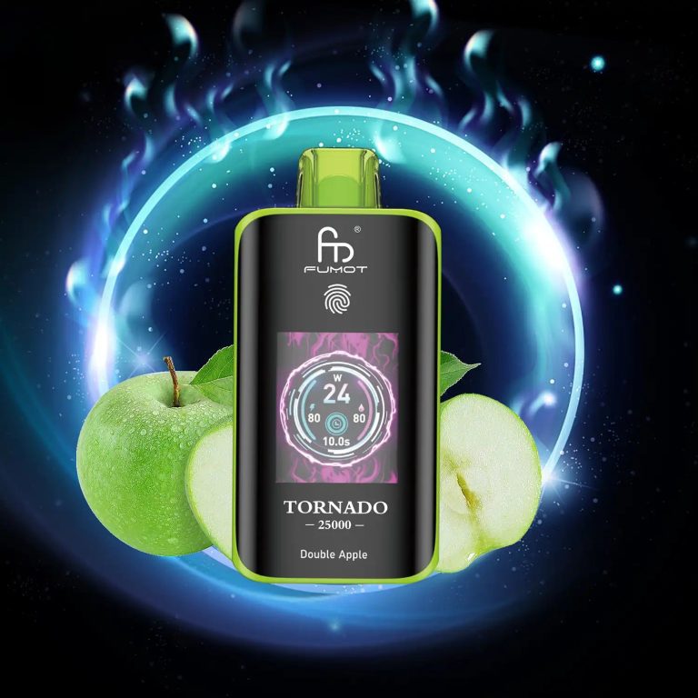 Fumot Tornado 25000 puff vape in Double Apple flavor with glowing background, surrounded by green apples and apple slices