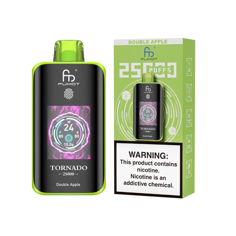 Fumot Tornado 25000 puff disposable vape in Double Apple flavor with green packaging and nicotine warning label