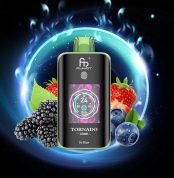 Fumot Tornado 25000 puff vape in Dr Blue flavor with blackberries, blueberries, and strawberries against a glowing cosmic background