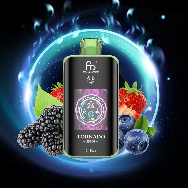 Fumot Tornado 25000 puff vape in Dr Blue flavor with blackberries, blueberries, and strawberries against a glowing cosmic background