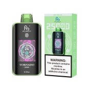 Fumot Tornado 25000 puff disposable vape in Dr Blue flavor with mint green packaging and nicotine warning label