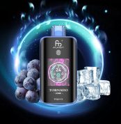 Fumot Tornado 25000 puff vape in Grape Ice flavor with digital screen, surrounded by frosty grapes and ice cubes in a glowing background
