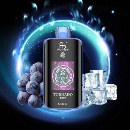 Fumot Tornado 25000 puff vape in Grape Ice flavor with digital screen, surrounded by frosty grapes and ice cubes in a glowing background