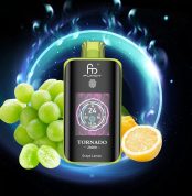 Fumot Tornado 25000 puff vape in Grape Lemon flavor with digital screen, surrounded by green grapes and lemon slices on a glowing background