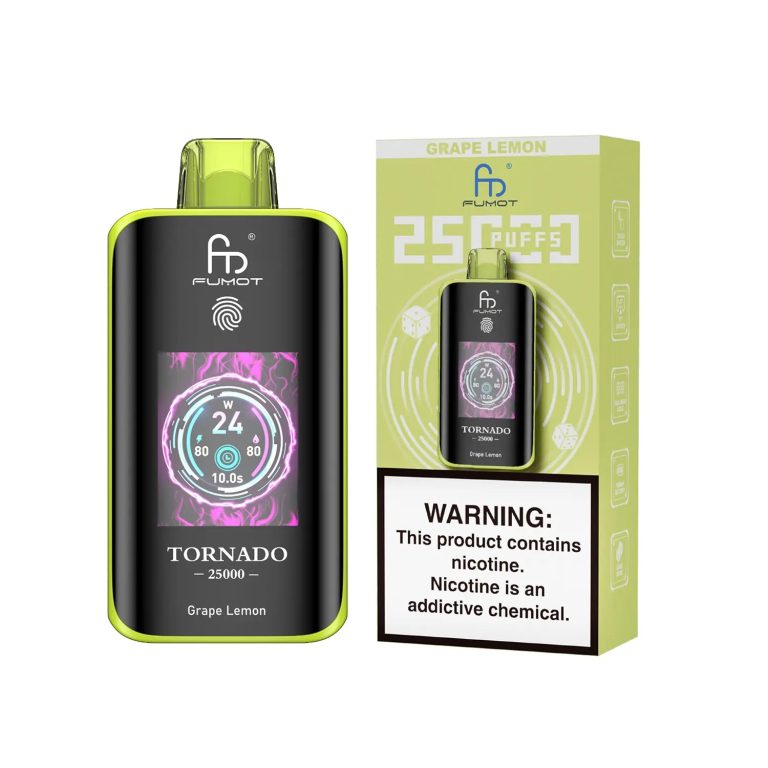 Fumot Tornado 25000 puff disposable vape in Grape Lemon flavor with lime green packaging and nicotine warning label