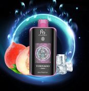 Fumot Tornado 25000 puff vape in Juicy Peach Ice flavor with digital screen, surrounded by fresh peaches and ice cubes on a glowing background