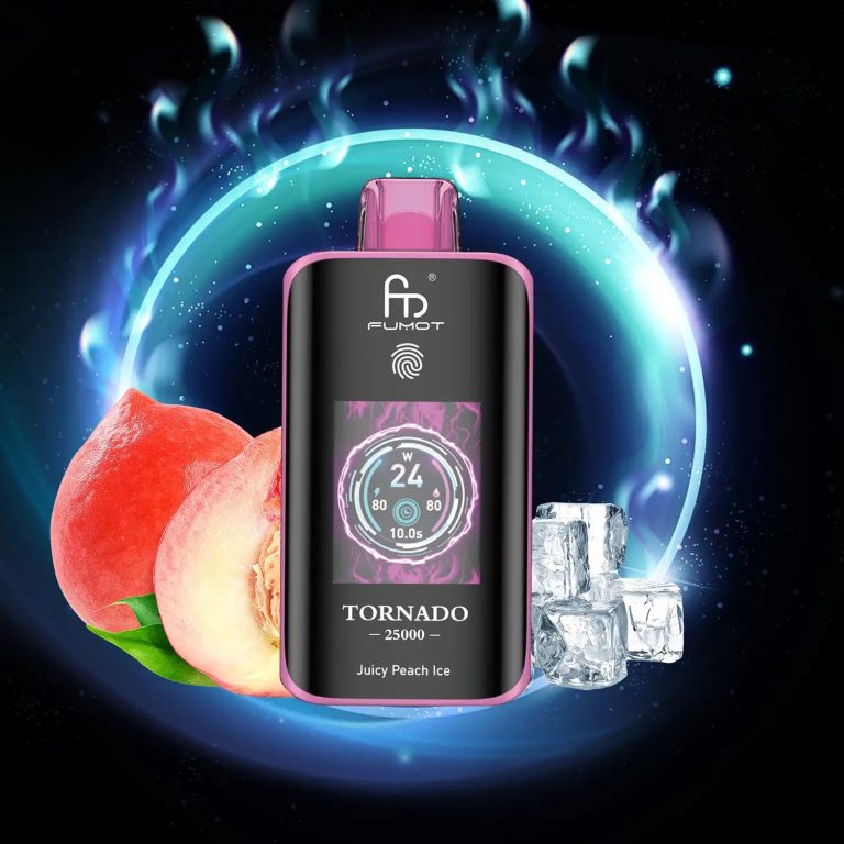 Fumot Tornado 25000 puff vape in Juicy Peach Ice flavor with digital screen, surrounded by fresh peaches and ice cubes on a glowing background