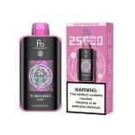 Fumot Tornado 25000 puff disposable vape in Juicy Peach Ice flavor with pink packaging and nicotine warning label