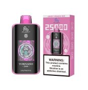 Fumot Tornado 25000 puff disposable vape in Juicy Peach Ice flavor with pink packaging and nicotine warning label